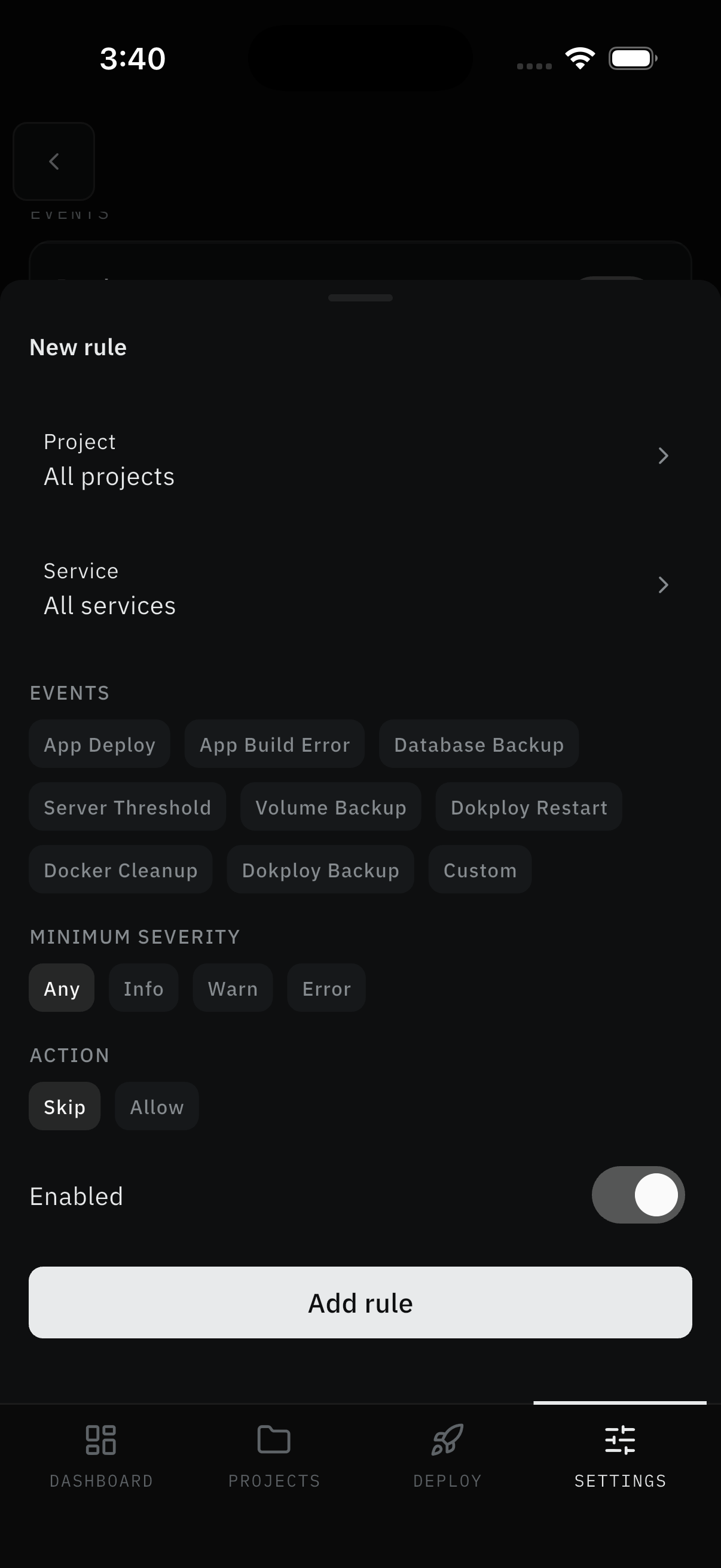 New rule sheet: pickers, event chips, severity, Skip/Allow