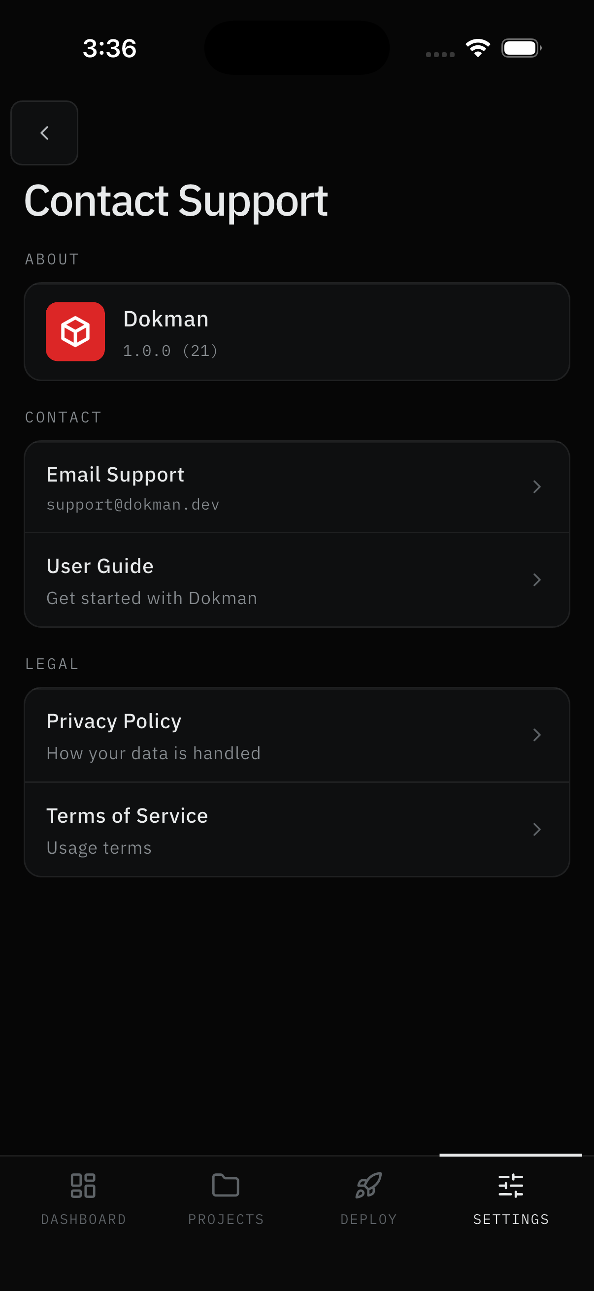 Contact Support: app version, Email Support, User Guide, Legal