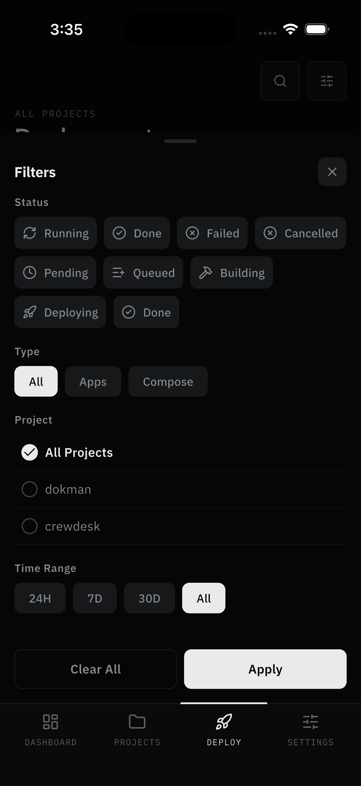 Filters sheet: status chips, type, project radios, time range