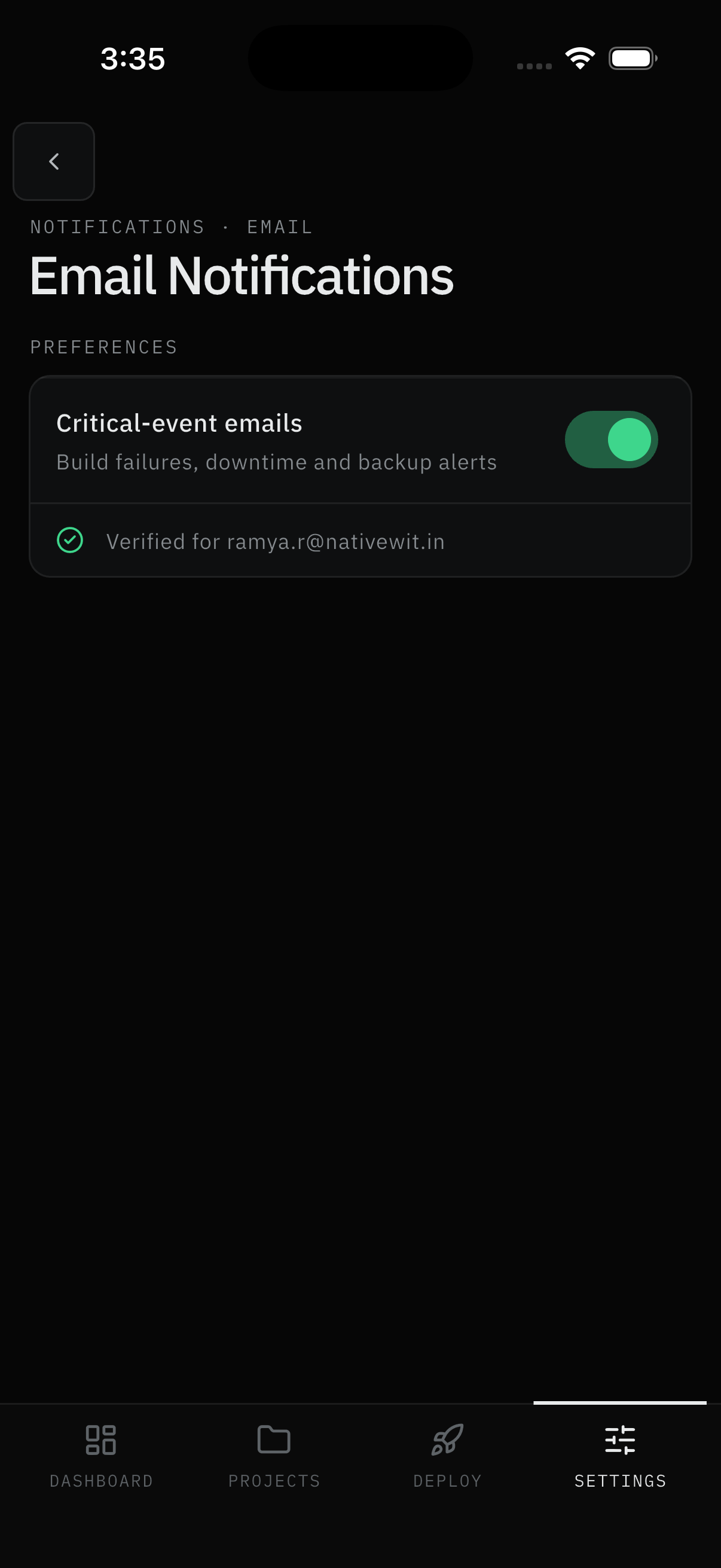 Email notifications: critical toggle and verified address