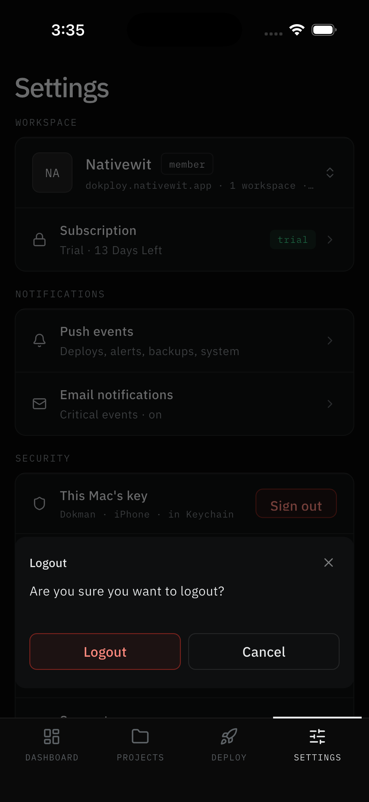 Settings Security group with the Logout confirm dialog