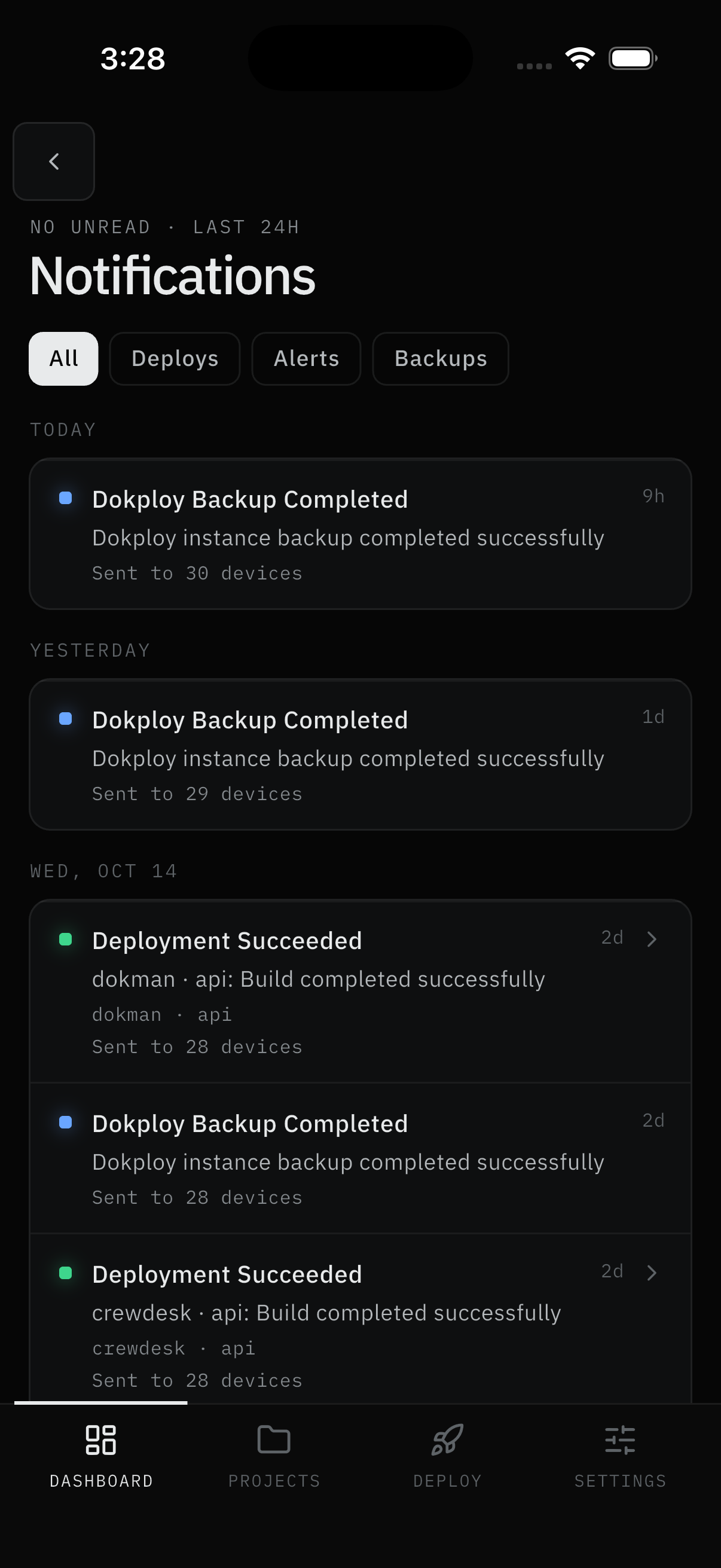 History inbox: day groups, dots, device counts
