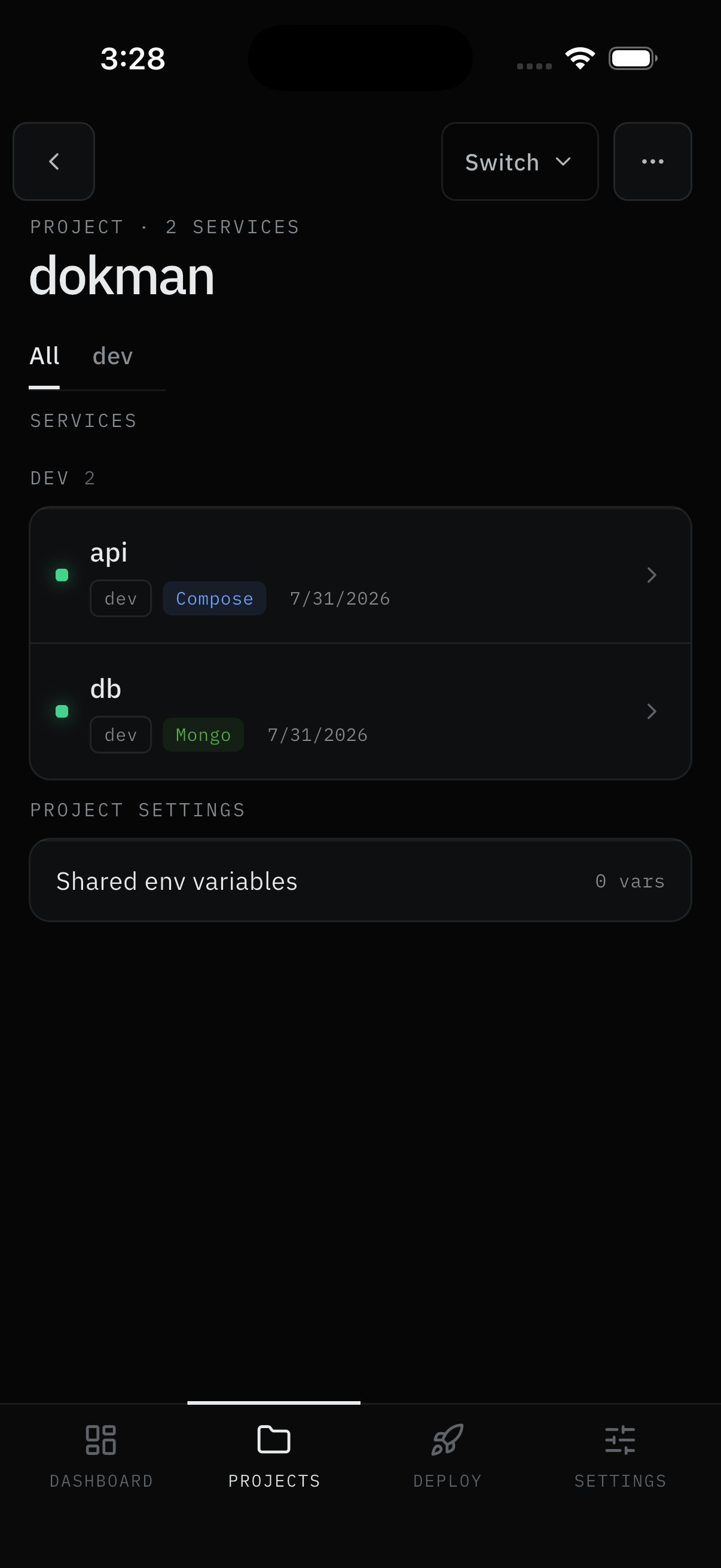 Project screen: environment tabs, service rows, shared env