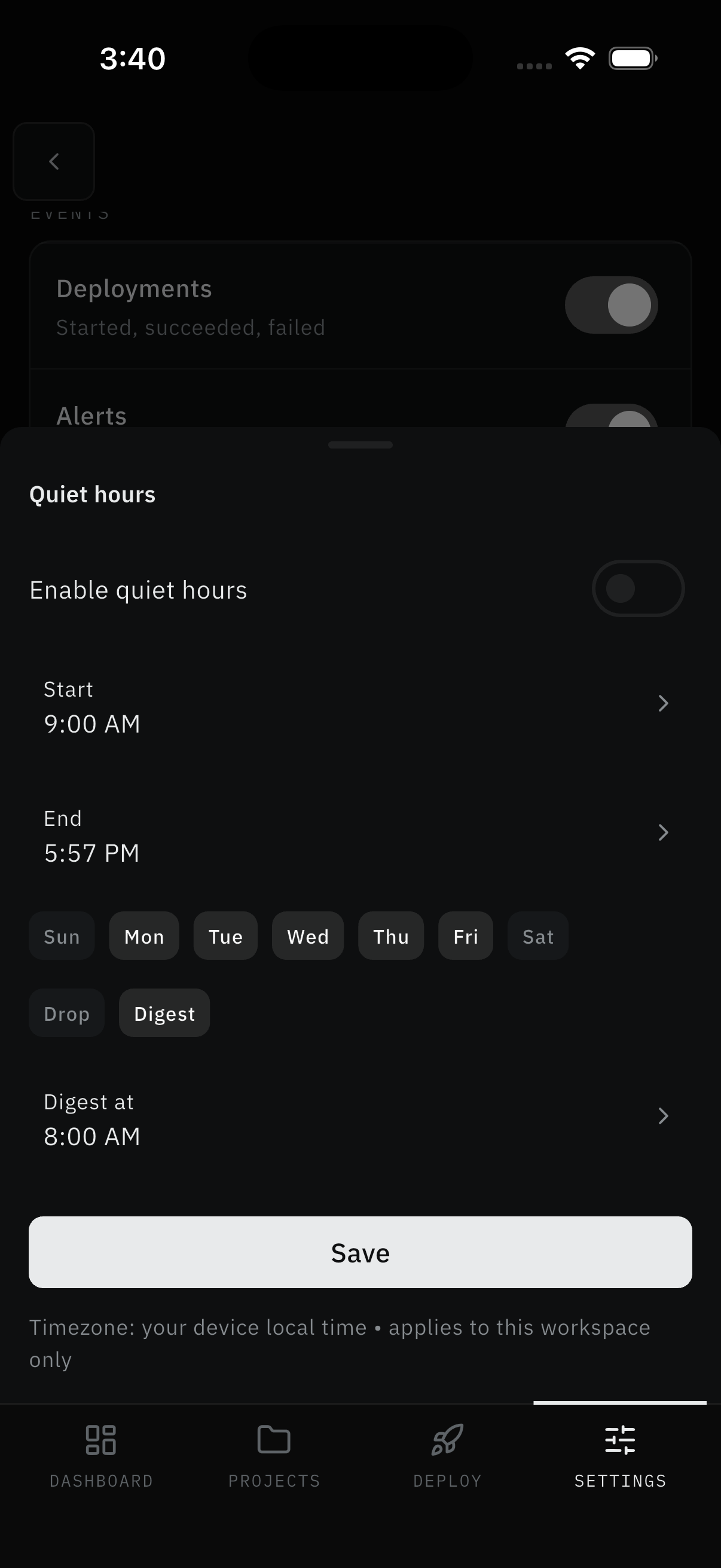 Quiet hours sheet: toggle, times, days, Drop/Digest, Save