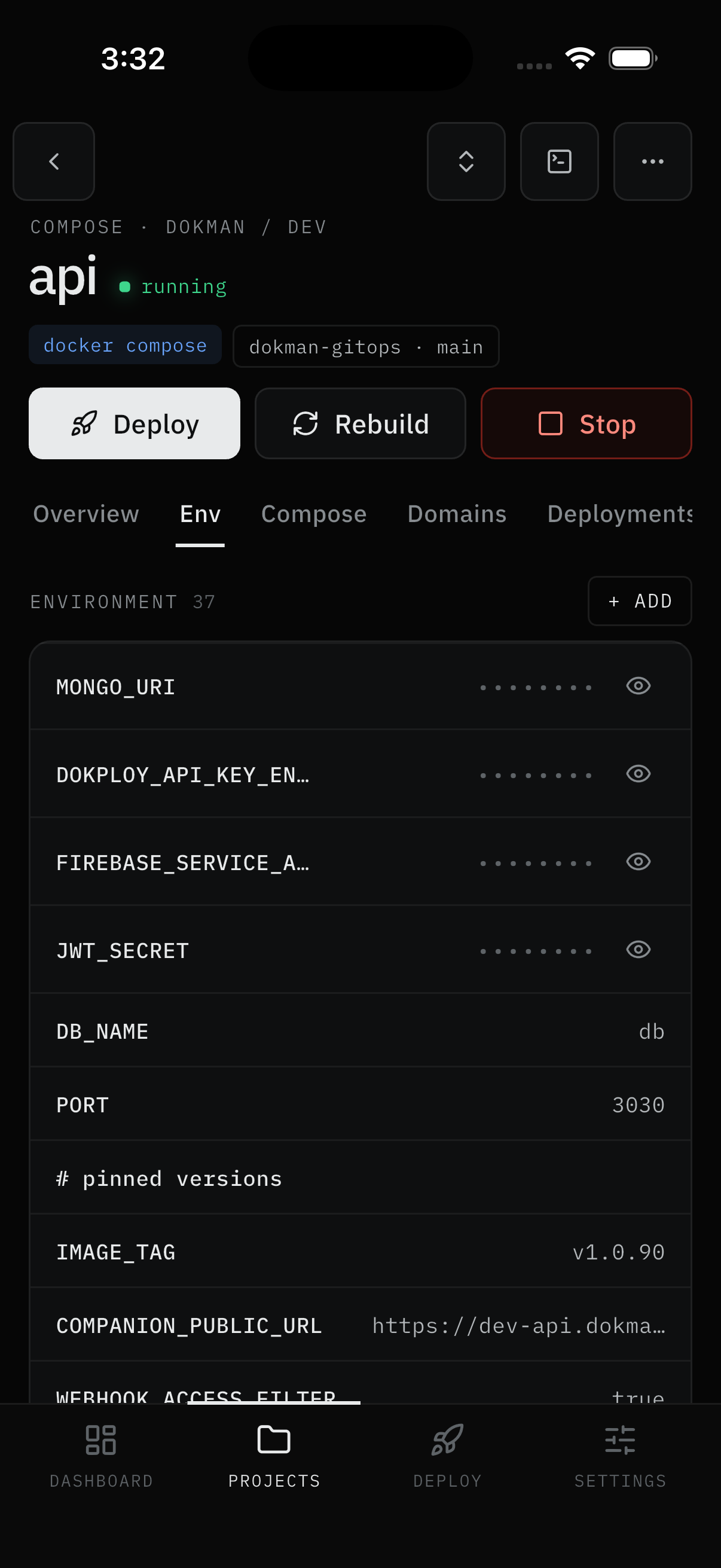 Env tab with masked secrets and ADD