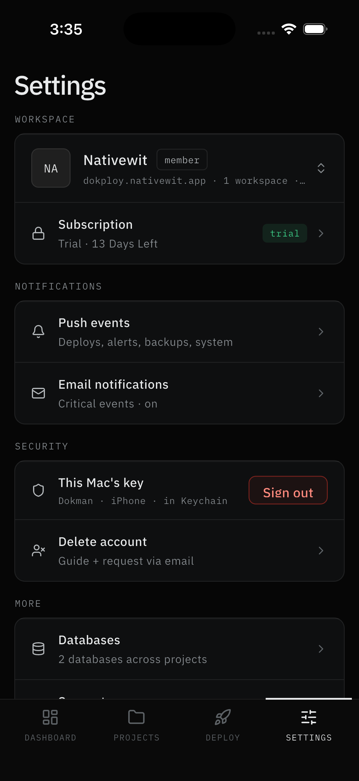 Settings: workspace card with trial, notifications, security rows