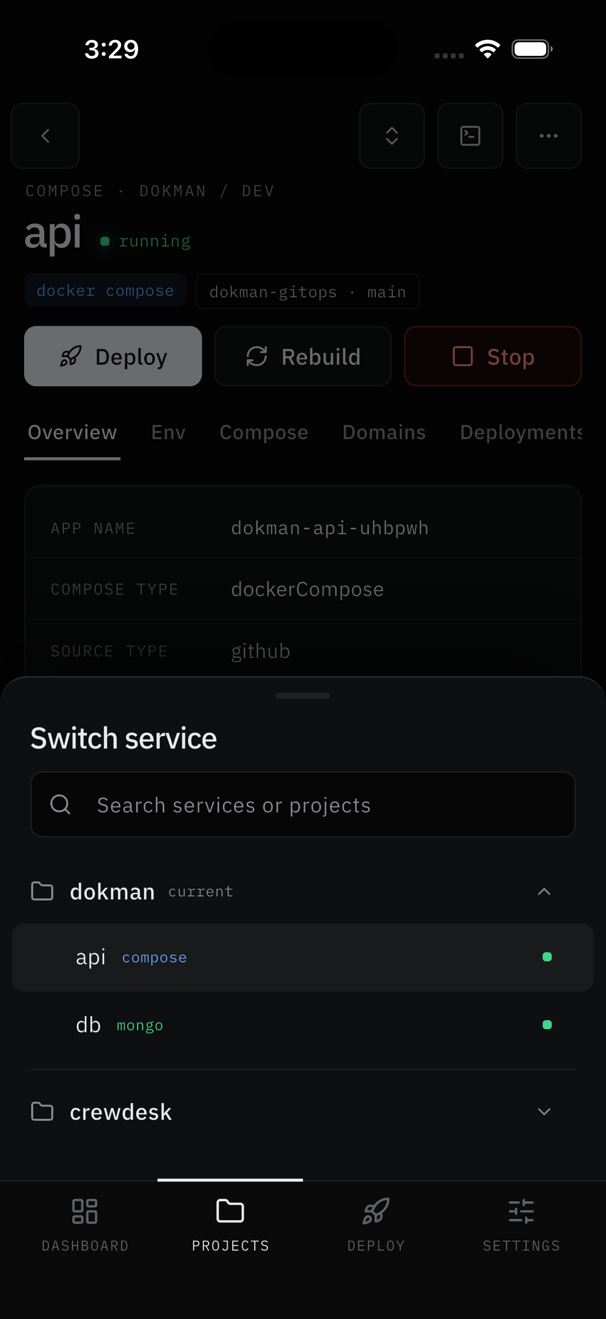 Switch service sheet with search and project groups